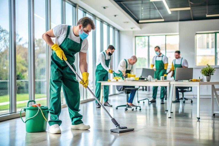 "Commercial cleaning team providing professional cleaning services in an Orlando office for a spotless and sanitized workplace."