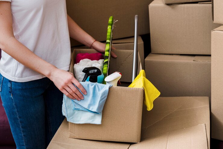 "A professional cleaner from Maid For Every Mess meticulously scrubbing the kitchen countertops in a newly vacated home, showcasing the thorough move in cleaning services offered in Orlando."