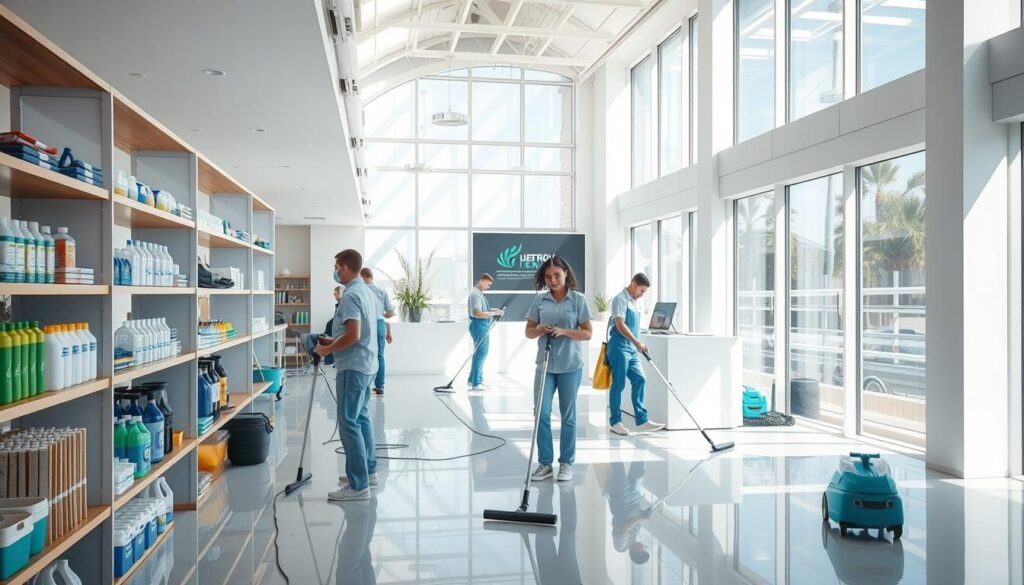 "Professional cleaning team providing office cleaning service in Orlando, ensuring a spotless and sanitized workspace."