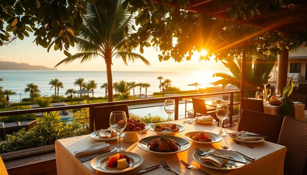 A luxurious dining terrace overlooking the tranquil waters of Tera Luna resort. The warm evening sun casts a golden glow across the elegant table settings, fine china, and crystal glassware. In the foreground, a selection of expertly prepared culinary delights are presented, their aromas mingling with the gentle breeze. A middle ground of lush tropical foliage frames the scene, while the background reveals a panoramic view of the resort's lush gardens and shimmering pools. The atmosphere exudes an air of refined sophistication and relaxation, inviting guests to savor the culinary experience in the comfort of this picturesque oasis.