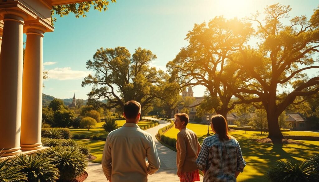 A sun-dappled scene of the golden oak buying process, captured in a cinematic wide-angle view. In the foreground, a family stands before a stately, grand-columned entrance, expressions of joy and anticipation etched on their faces. Midground, a winding path leads through a lush, verdant landscape dotted with towering oak trees, their leaves shimmering in the warm, golden light. In the distance, the iconic roofs and spires of the Golden Oak community rise up, framed by a vibrant azure sky. The atmosphere is one of enchantment and wonder, inviting the viewer to imagine the magical experience of making this enchanting community their new home.