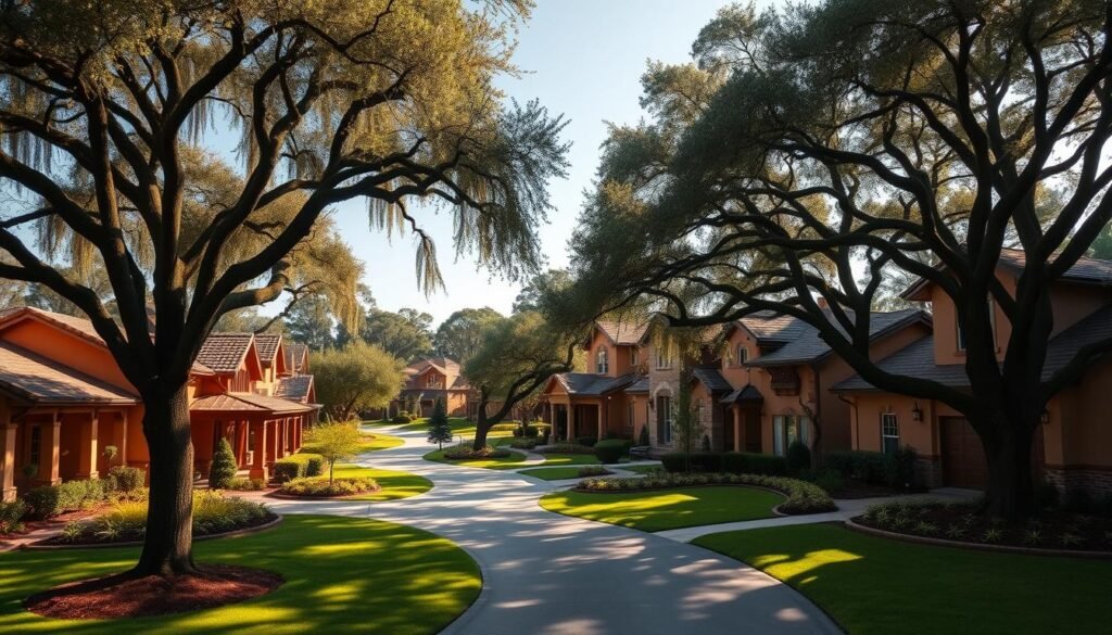 An expansive view of a quaint, golden oak-lined neighborhood in the enchanting Disney community of Golden Oak. The stately homes are adorned with warm, earthy tones and intricate architectural details, conveying a sense of timeless elegance. Mature oak trees casting dappled sunlight over the winding, tree-lined streets. Manicured lawns and lush landscaping create a harmonious, picturesque scene. A wide-angle lens captures the serene, intimate atmosphere, with a shallow depth of field subtly blurring the background. The overall mood is one of tranquility, exclusivity, and a touch of whimsy, befitting the prestigious Disney development.