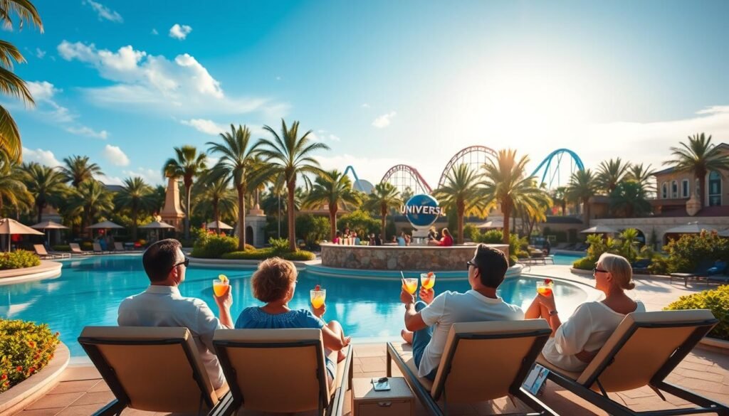 An idyllic resort landscape with a sun-dappled swimming pool surrounded by lush palm trees and tropical foliage. In the foreground, a well-dressed family of four relaxes on plush lounge chairs, sipping colorful cocktails and planning their Universal Orlando vacation. The middle ground features a concierge desk with a cheerful attendant providing brochures and packages. The background showcases the iconic silhouettes of Universal's theme park rides against a vibrant, azure sky. Warm, soft lighting accentuates the resort's serene ambiance, conveying a sense of carefree indulgence and a perfect escape.