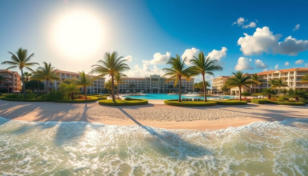 A breathtaking beachfront resort in Orlando, Florida, with a captivating panoramic view. In the foreground, sun-kissed sandy shores and gentle lapping waves set the scene. Swaying palm trees and manicured tropical gardens line the middle ground, creating a lush, serene ambiance. In the background, the resort's elegant architecture and sparkling azure pools are framed by a vibrant, sun-drenched sky. Soft, golden light filters through, evoking a serene, inviting atmosphere. The image captures the essence of a luxurious, coastal getaway, perfectly showcasing the allure of Orlando's premier beach destinations.