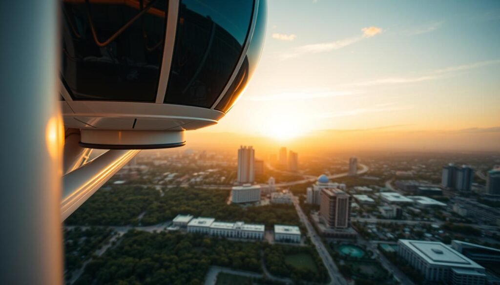 A breathtaking close-up view of the iconic Orlando Eye, an observation wheel soaring high above the bustling cityscape. The foreground captures the sleek, modern architecture of the wheel's capsules, with their curved glass panels reflecting the vibrant hues of the surrounding landscape. The middle ground showcases the lush greenery and colorful buildings that make up the vibrant Orlando skyline, while the background is dominated by a warm, golden sunset, casting a magical glow over the entire scene. The lighting is soft and diffused, creating a sense of tranquility and wonder, inviting visitors to experience the breathtaking panoramic views of the city.