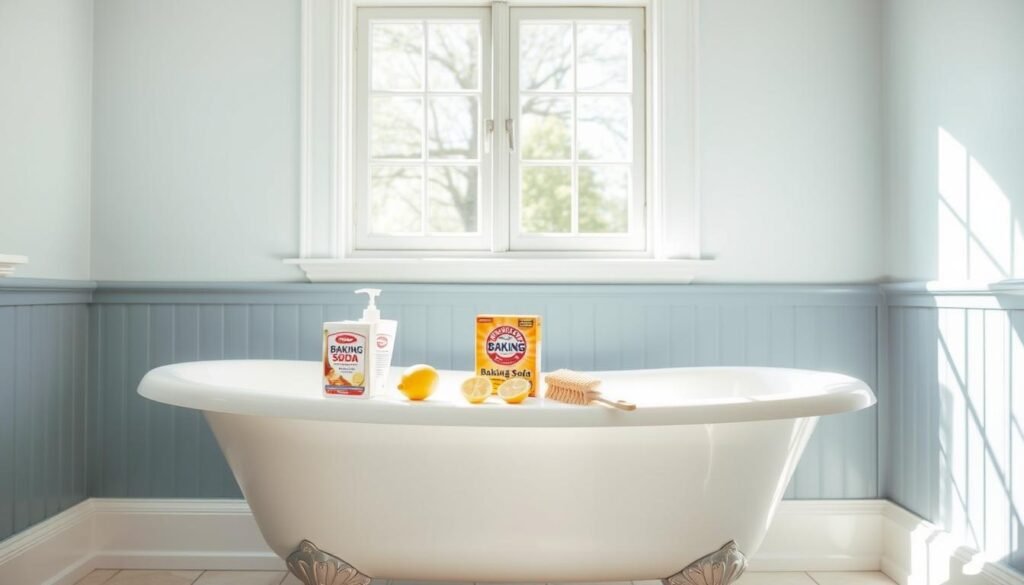 A bright, well-lit bathroom interior with a claw-foot bathtub in the center. On the edge of the tub, an array of natural cleaning supplies are displayed - baking soda, lemon slices, and a scrub brush. Sunlight streams in through a large window, casting warm, gentle illumination on the scene. The walls are a soft, soothing shade of blue, creating a calming, spa-like atmosphere. The overall composition emphasizes the simplicity and effectiveness of natural solutions for removing stubborn bathtub stains, inviting the viewer to try these eco-friendly cleaning hacks.