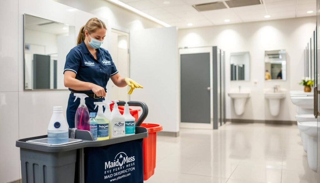 A clean, bright, and well-lit commercial restroom setting. In the foreground, a Maid For Every Mess cleaning cart with a variety of disinfecting products. A cleaning staff member, wearing a Maid For Every Mess uniform, is demonstrating proper disinfection techniques, wiping down surfaces with a microfiber cloth. In the middle ground, the restroom stalls and sinks are spotless, reflecting the high standards of cleanliness. The background showcases a sleek, modern design with minimalist decor, emphasizing the importance of a well-maintained and hygienic environment.