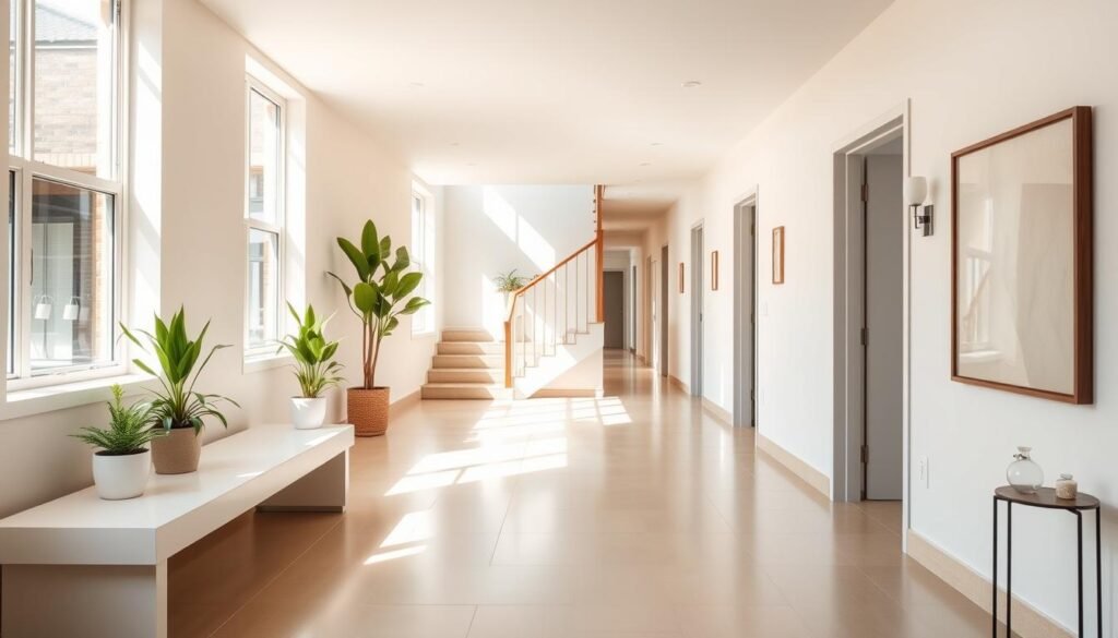 A clean, well-lit communal hallway in a modern multi-unit property. The floor is polished tile, the walls are freshly painted in a soothing neutral tone. Sunlight streams through large windows, illuminating the space. In the foreground, a sleek, minimalist bench invites residents to pause. Potted plants and artworks adorn the walls, adding pops of color and texture. The middle ground features a central staircase with a sturdy, wooden banister. The background reveals additional hallways leading to other units, creating a sense of depth and connectivity. The overall atmosphere is one of order, tranquility, and pride in property maintenance.