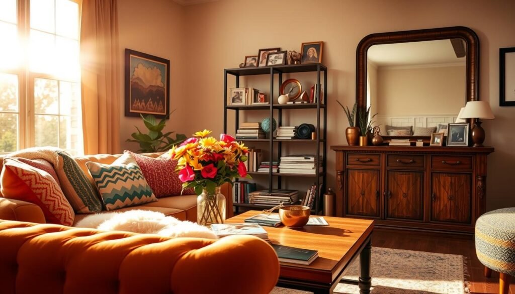 A cozy Airbnb living room in Orlando, Florida, bathed in warm, golden afternoon light pouring through large windows. In the foreground, a plush, tufted sofa adorned with colorful throw pillows and a fluffy blanket. On the coffee table, a stack of travel magazines and a vase of vibrant, freshly-cut flowers. Across the room, a bookshelf filled with eclectic decor pieces and personal mementos, creating a sense of character and charm. The walls are painted a soothing neutral tone, complemented by tasteful wall art and an oversized mirror that reflects the natural sunlight. The overall atmosphere is inviting, comfortable, and thoughtfully curated to make guests feel at home.