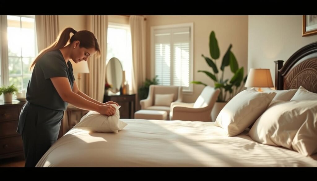 A cozy Orlando home, sunlight streaming through large windows as a housekeeper meticulously tidies the master bedroom. In the foreground, a Maid For Every Mess employee carefully adjusts the sheets, fluffing pillows with gentle precision. The middle ground showcases a well-organized vanity, grooming products neatly arranged. In the background, a plush armchair and potted plants create a serene, tranquil atmosphere. Soft, warm lighting combined with a subtle depth of field lend an inviting, professional ambiance to the scene, perfectly capturing the essence of tailoring cleaning intervals to individual needs.