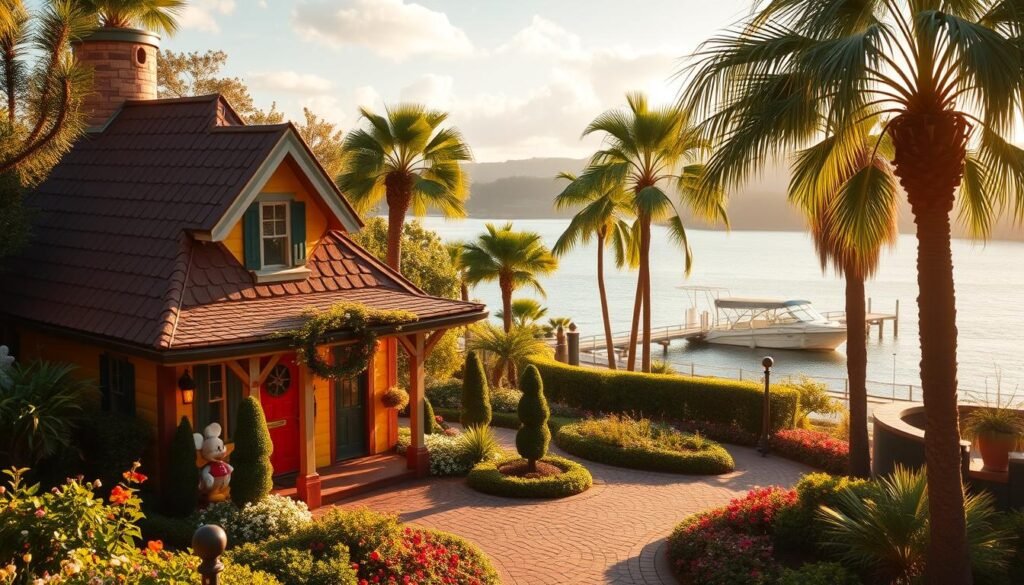 A cozy and whimsical Disney-themed vacation home nestled in a lush, sun-dappled landscape. In the foreground, a charming cottage with a steeply pitched roof and colorful facade, adorned with playful Disney character accents. The middle ground features a manicured garden with neatly trimmed topiaries and blooming flowers, while the background reveals a picturesque lakefront setting, complete with a boat dock and swaying palm trees. The scene is bathed in warm, golden light, creating a dreamlike, magical atmosphere. The overall composition evokes a sense of enchantment and wonder, inviting the viewer to immerse themselves in the Disney-inspired experience.