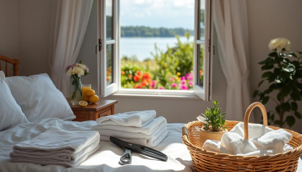 A cozy, sun-drenched bedroom with white linen sheets and plush pillows. On the nightstand, a glass of freshly squeezed lemonade and a small vase of fragrant flowers. In the foreground, a neatly folded stack of clean towels and a basket of laundry fresh from the line, accompanied by a pair of pruning shears and a small potted succulent. Through the open window, a verdant garden scene with vibrant blooms and a glimpse of a serene lake in the distance. The overall atmosphere is one of tranquility and effortless organization, capturing the essence of a vacation-ready home.