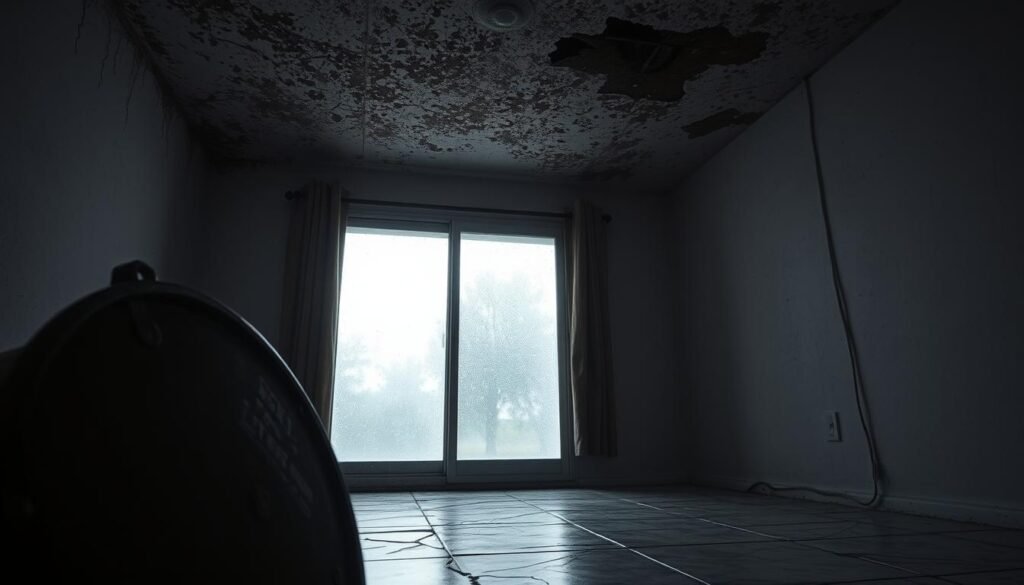 A dimly lit room in a Florida home, with humid air thick with the smell of mold. Condensation beads on the walls, and a porous, discolored ceiling bears the telltale signs of long-term moisture damage. In the foreground, a rusting metal vent cover partially obscures a grimy, cracked tile floor. The overall atmosphere conveys a sense of neglect and the heavy burden of an unforgiving subtropical climate on home maintenance. Subtle, natural lighting from a grimy window casts a melancholic glow, underscoring the importance of thorough, professional cleaning to combat the relentless effects of Orlando's humidity.