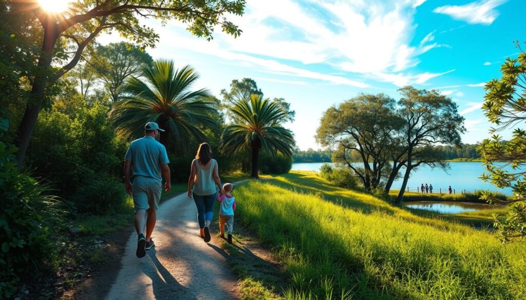 A family of four strolling along a scenic nature trail in Orlando, Florida. In the foreground, a father, mother, and two young children casually make their way down a winding dirt path, surrounded by verdant foliage and towering palm trees. The sunlight filters through the lush canopy, casting a warm, golden glow over the tranquil scene. In the middle ground, the trail opens up to reveal a serene lake, its still waters reflecting the azure sky dotted with wispy clouds. In the distance, the silhouettes of other hikers can be seen, adding to the sense of exploration and adventure. The overall mood is one of relaxation, family bonding, and a deep appreciation for the natural beauty of Central Florida.
