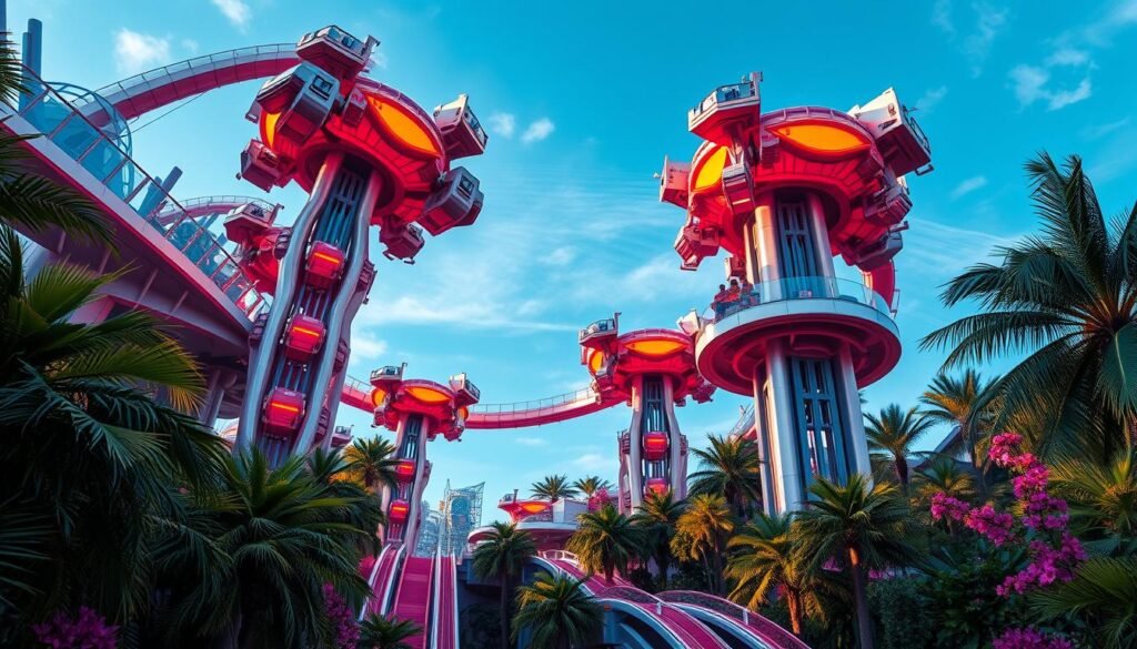 A futuristic theme park ride with unique and captivating mechanics, set against a backdrop of sleek, contemporary architecture and lush, vibrant greenery. Towering structures with dynamic, interlocking components move in mesmerizing patterns, propelling riders through the air in a seamless, gravity-defying dance. The ride's design is a harmonious blend of cutting-edge technology and organic, nature-inspired forms, creating a truly awe-inspiring and immersive experience. Vibrant, saturated colors and dramatic, cinematic lighting heighten the sense of wonder and adventure, transporting visitors to a realm of imagination and innovation that sets Epic Universe apart as a one-of-a-kind destination.