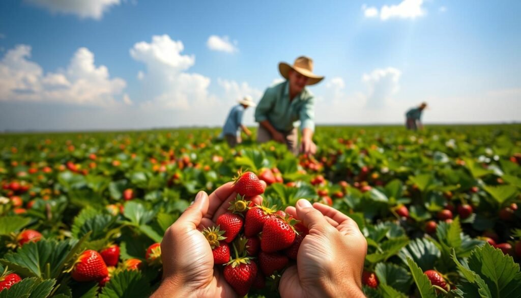 A lush, sun-drenched field of plump, ruby-red Florida strawberries being carefully harvested by a group of hardworking farmers. In the foreground, their calloused hands tenderly pick the ripe berries, their faces etched with pride and determination. In the middle ground, rows of vibrant green foliage stretch out as far as the eye can see, dotted with the occasional white blossoms. The background is a hazy, azure sky, with fluffy white clouds drifting lazily overhead, casting soft shadows across the scene. The overall atmosphere is one of rural tranquility, showcasing the dedication and connection these farmers have to the land and their craft.