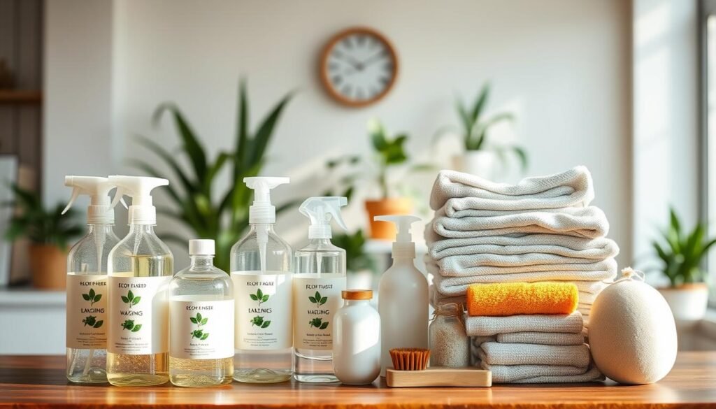 A neatly arranged display of eco-friendly cleaning products on a wooden countertop, bathed in warm, natural lighting. In the foreground, various glass bottles and plant-based containers filled with sustainable cleaners, scrubs, and washing liquids. The middle ground features stacks of reusable microfiber cloths, brushes, and sponges. The background blurs into a minimalist, plant-filled interior, conveying a sense of wellness and environmental consciousness. The overall mood is clean, serene, and inviting, reflecting the essentials for maintaining a spotless, sustainable vacation rental.