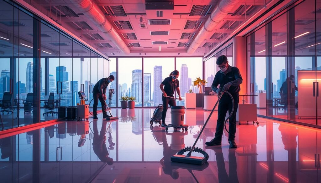 A pristine commercial office space, bathed in soft, warm lighting. In the foreground, a team of professional cleaners from "Maid For Every Mess" meticulously scrubbing every surface, polishing floors, and disinfecting high-traffic areas. The middle ground showcases specialized cleaning equipment and supplies, conveying the expertise and attention to detail of the service. In the background, the Orlando skyline is visible through large windows, hinting at the commercial nature of the establishment. The scene exudes a sense of efficiency, cleanliness, and attention to detail, perfectly capturing the "Industry-Specific Deep Cleaning Solutions" for businesses in Orlando.