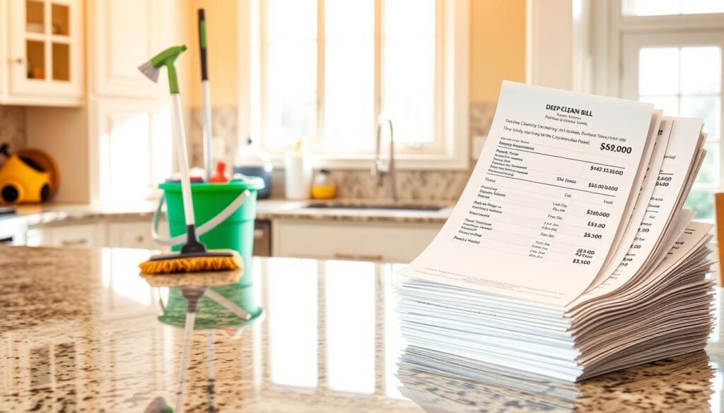 A pristine, well-lit kitchen with a gleaming granite countertop. On the left, a stack of cleaning supplies - mops, buckets, and scrub brushes. On the right, a neatly folded stack of cleaning bills, highlighting the varying costs between deep cleaning and routine maintenance. The scene is bathed in warm, natural light, conveying a sense of order and efficiency. The overall atmosphere is one of careful consideration, with the cost comparison taking center stage, informing the viewer's understanding of the financial implications of different cleaning approaches.