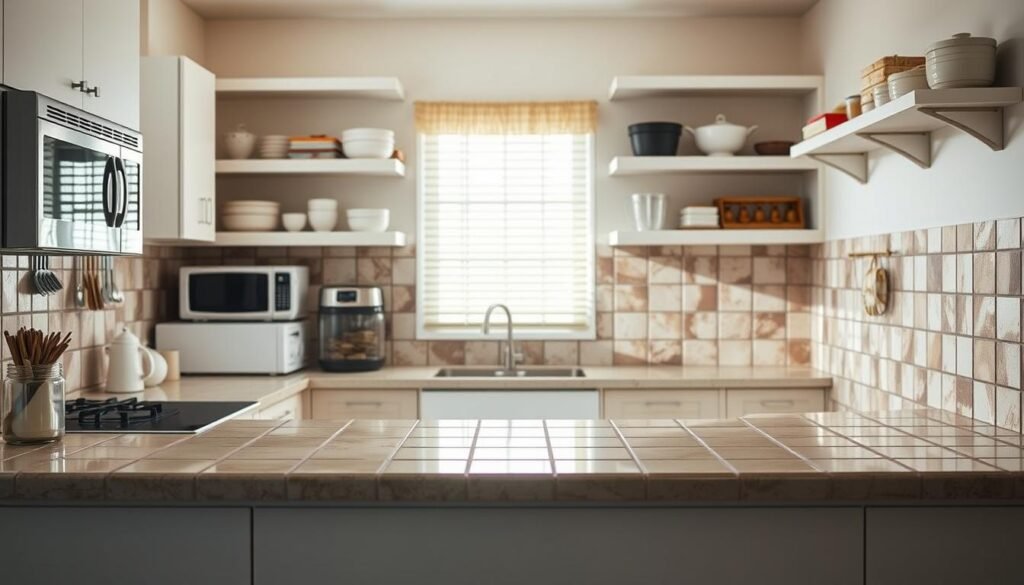 A pristine, well-organized kitchen countertop with gleaming appliances and meticulously scrubbed tiles, contrasted with a cluttered, grime-encrusted workspace with dusty shelves and discolored grout. The bright, natural lighting in the foreground highlights the stark difference between a thorough, deep cleaning and a cursory, regular wipe-down. The middle ground blends the two scenes, showcasing the transition from a neglected, unkempt space to a sparkling, sanitized haven. The background fades into a soft, muted palette, emphasizing the focal point of the image - the cleaning contrast. The overall atmosphere conveys the importance of dedicated, meticulous cleaning for a truly vacation-ready home.