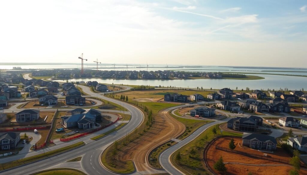 A scenic vista of the Lake Nona residential construction projects, captured with a wide-angle lens to showcase the scale and scope of the development. The foreground features a network of freshly paved roads winding through the landscape, flanked by partially constructed homes in a variety of architectural styles. In the middle ground, cranes and scaffolding dot the skyline, indicating ongoing construction work. The background is dominated by a tranquil lake, its calm waters reflecting the surrounding buildings and the warm, golden hues of the afternoon sun. The overall mood is one of progress and potential, conveying the dynamic growth and transformation of this thriving community.