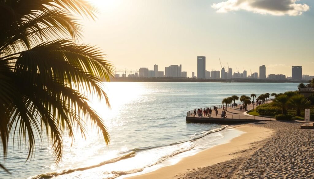 A serene Orlando waterfront scene, with sun-dappled waves lapping against the soft, sandy beaches. In the foreground, palm trees sway gently, their fronds casting dappled shadows across the tranquil waters. In the middle ground, beachgoers stroll along the boardwalk, taking in the breathtaking views of the shimmering lake. The background is dominated by a stunning skyline, with towering skyscrapers and cranes punctuating the horizon, creating a picturesque blend of natural and urban elements. The lighting is warm and golden, evoking a sense of relaxation and wonder. The overall mood is one of peaceful exploration, inviting the viewer to immerse themselves in the beauty of Orlando's waterfront destinations.