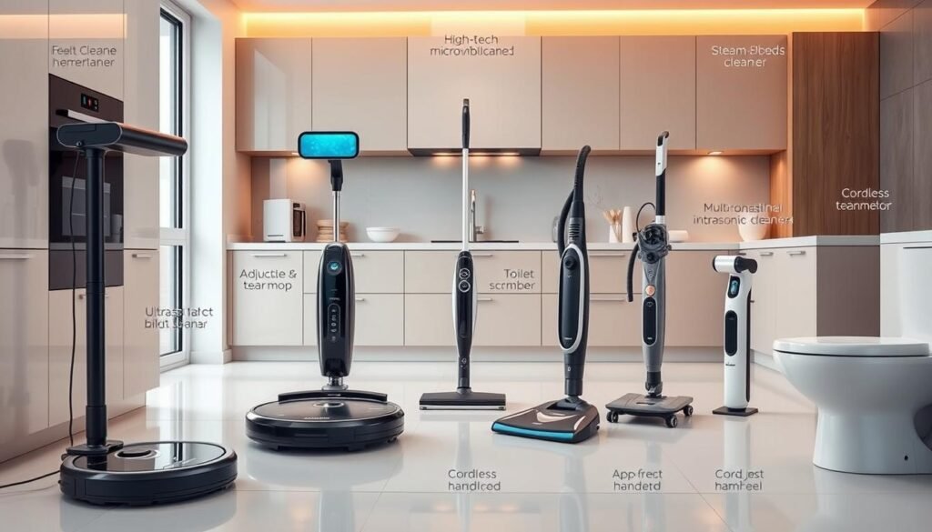A sleek, modern kitchen filled with advanced cleaning gadgets from the "Maid For Every Mess" brand. In the foreground, a robotic vacuum cleaner effortlessly glides across the floor, while a high-tech window cleaner with adjustable microfiber heads wipes down the pristine glass surfaces. In the middle ground, a multifunctional steam mop with interchangeable attachments stands ready, and a cordless, handheld ultrasonic blind cleaner hovers nearby. In the background, a compact, yet powerful pressure washer and an automated, app-controlled toilet scrubber complete the collection of innovative, time-saving cleaning tools. Soft, warm lighting illuminates the scene, creating a sense of efficiency and advanced home technology.
