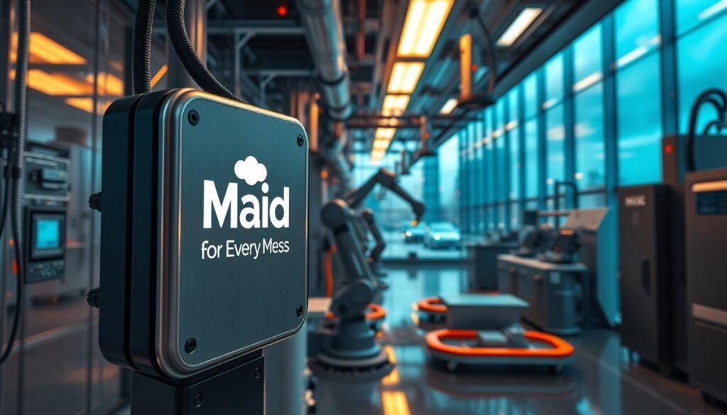 A sleek, modern laboratory filled with advanced deep cleaning equipment and cutting-edge technologies. In the foreground, the Maid For Every Mess brand logo is prominently displayed on a high-tech device, its metallic finish catching the warm, directional lighting. In the middle ground, robotic arms and networked sensors monitor and analyze cleaning processes, while large industrial-grade machines hum with efficiency. The background features a panoramic view of the Orlando skyline, emphasizing the city's innovative spirit and the integration of these revolutionary cleaning solutions within its commercial landscape.