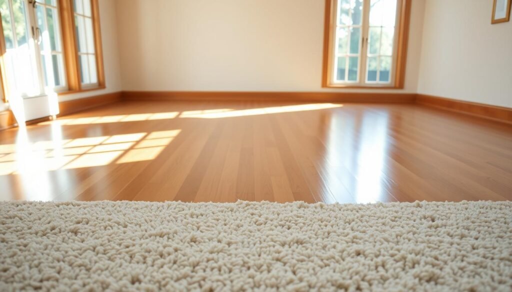 A spotless, gleaming hardwood floor, newly polished and free of any blemishes, stretches out before the viewer. Sunlight filters in through large windows, casting a warm, natural glow across the room. In the foreground, a freshly vacuumed, plush beige carpet lies pristine, its fibers standing tall and inviting. The overall atmosphere conveys a sense of cleanliness, order, and the feeling of a space that is truly ready for move-in day. The camera angle is slightly elevated, allowing the viewer to appreciate the full extent of the carefully prepared floors and carpets.