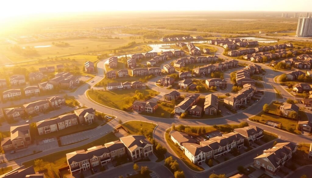 A sprawling aerial view of Lake Nona's thriving housing developments, bathed in warm, golden afternoon sunlight. In the foreground, newly constructed townhomes and single-family residences stand proudly, their roofs and facades gleaming. The middle ground reveals a network of winding streets, meandering past lush green spaces and community amenities. In the distant background, the horizon is dotted with the silhouettes of high-rise condominiums, hinting at the area's continued growth and investment potential. The scene exudes a sense of prosperity, modern design, and the promise of an attractive, sought-after lifestyle.