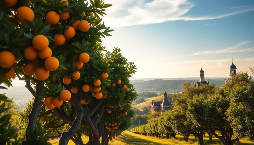 A sunlit citrus grove in historic Orlando, Florida. In the foreground, lush orange trees laden with ripe fruit sway gently in a warm breeze. The middle ground reveals rolling hills dotted with gnarled trunks and vibrant green foliage. In the distance, a hazy horizon is punctuated by the steeples and cupolas of Victorian-era buildings, a testament to the region's prosperous citrus industry heritage. Soft, diffused lighting filters through wispy clouds, casting a golden glow over the serene pastoral scene. The composition evokes a sense of timeless tranquility, transporting the viewer to a bygone era when Florida's orange groves shaped the cultural and economic fabric of this beloved city.
