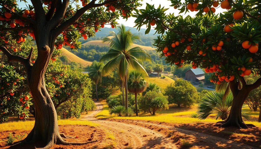 A sweeping vista of lush, verdant orange groves nestled amid the rolling hills of central Florida. Sunlight filters through the canopy of vibrant citrus trees, casting a warm, golden glow across the landscape. In the foreground, gnarled trunks and heavy-laden branches sway gently in the breeze, casting intricate shadows on the rich, loamy soil below. The mid-ground is dotted with towering palm trees, their fronds swaying in the light breeze, while in the distance, a historic wooden barn or packing house stands as a testament to the region's storied citrus heritage. The overall mood is one of tranquility and timelessness, capturing the essence of Orlando's iconic citrus industry.