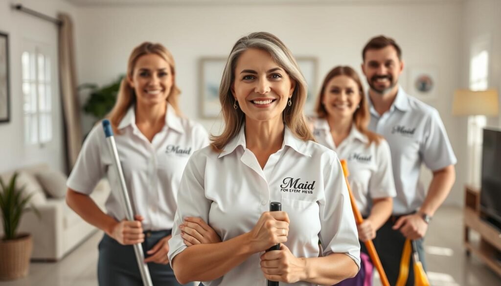 A team of professional cleaners dressed in crisp, tidy uniforms stands confidently in a bright, well-lit room. The "Maid For Every Mess" logo adorns their shirts, signaling their expertise and dedication to providing exceptional cleaning services. In the foreground, a middle-aged woman with a friendly smile holds a mop, while her colleagues behind her wield high-quality cleaning tools and equipment. The background features a sparkling, pristine living room, conveying the level of care and attention to detail these trusted experts bring to every job.