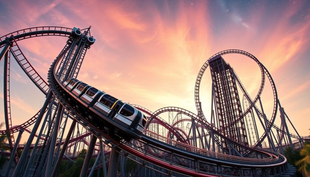 A thrilling panorama of the best roller coasters in Epic Universe, Orlando's newest and most advanced theme park. The foreground is dominated by a towering, inverted loop coaster with sleek, futuristic trains racing through the air. In the middle ground, a high-speed launch coaster with a steep vertical ascent and a dizzying corkscrew maneuver. In the background, a massive, twisting hypercoaster with multiple, gravity-defying inversions silhouetted against a vibrant, intergalactic sky. The scene is illuminated by a warm, optimistic lighting that captures the sense of wonder and adventure. The overall mood is one of exhilaration and technological innovation, reflecting the cutting-edge nature of the rides and the park's futuristic aesthetic.