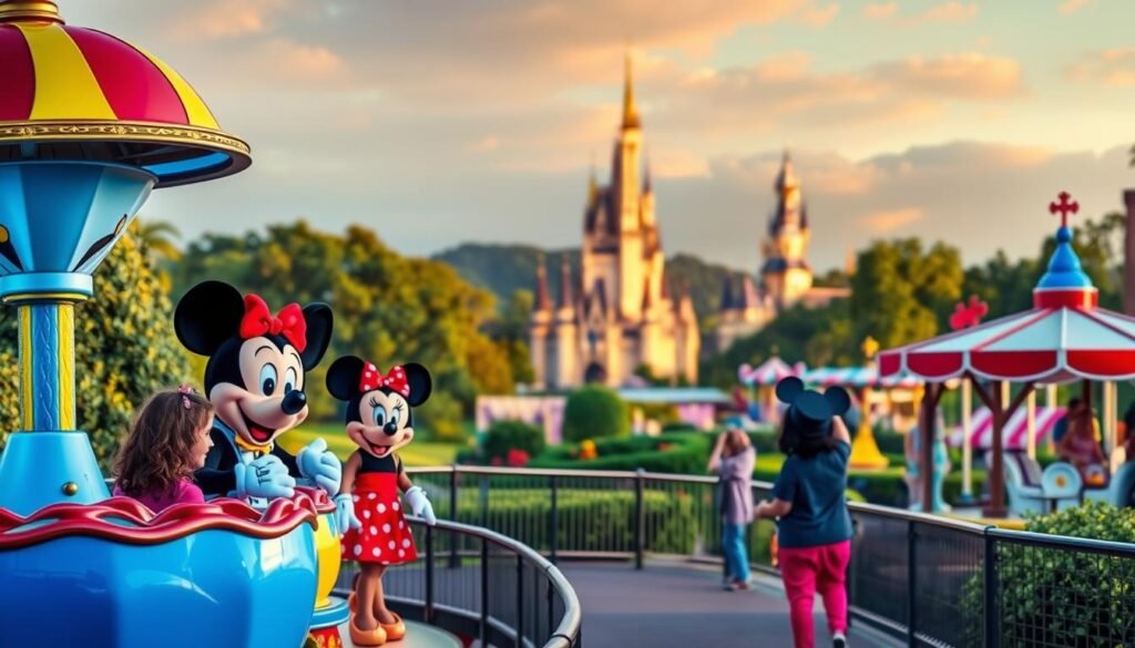 A vibrant, budget-friendly Disney Orlando scene. In the foreground, friendly Disney characters welcome guests to whimsical, colorful attractions like spinning teacups and classic rides. The middle ground features lush, immersive landscapes with iconic Disney landmarks in the distance, like Cinderella Castle. Subtle, warm lighting creates a magical, inviting atmosphere. The composition is balanced, with dynamic angles and a sense of depth, drawing the viewer into the enchanting, cost-effective Disney experience.