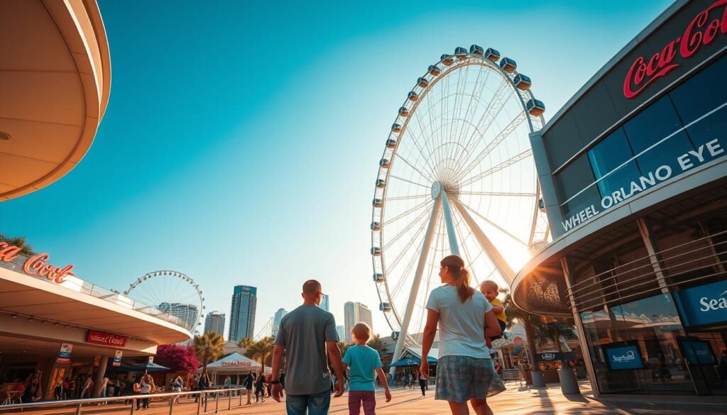 A warm summer day in Orlando, Florida. A family of four - parents, a young boy, and a toddler girl - strolling through the bustling Coca-Cola Orlando Eye complex. In the foreground, they admire the majestic observation wheel, its giant capsules slowly turning against a vibrant azure sky. The middle ground showcases the surrounding entertainment hub, with lively shops, restaurants, and interactive exhibits. In the background, the iconic silhouettes of other Orlando landmarks, like the Wheel at ICON Park and the SeaWorld Orlando skyline, create a dynamic cityscape. Soft, golden lighting illuminates the scene, casting a welcoming and joyful atmosphere as the family enjoys this captivating Orlando getaway.