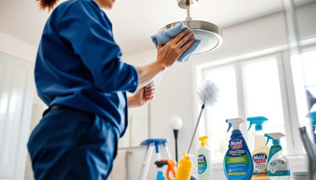A well-lit bathroom with the Maid For Every Mess cleaning supplies neatly arranged on a counter. In the foreground, a person in a blue uniform is carefully wiping down a ceiling light fixture with a microfiber cloth, paying close attention to the details. The middle ground showcases various cleaning tools like a step ladder, duster, and glass cleaner. The background features a bright, airy window providing natural illumination and a sense of cleanliness. The scene conveys a methodical, safe approach to maintaining light fixtures with the right equipment and techniques.