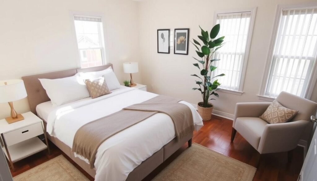 A well-lit guest bedroom in a cozy Orlando rental, sunlight streaming through the windows. A neatly made bed with crisp, white linens, plump pillows, and a decorative throw. Sleek, modern side tables flank the bed, topped with minimalist lamps. In the corner, a comfortable armchair sits next to a tall plant, creating a peaceful reading nook. The hardwood floors are freshly swept, and a soft area rug ties the space together. Subtle wall decor and a vase of fresh flowers add the final touches to this inviting, immaculately clean guest space.