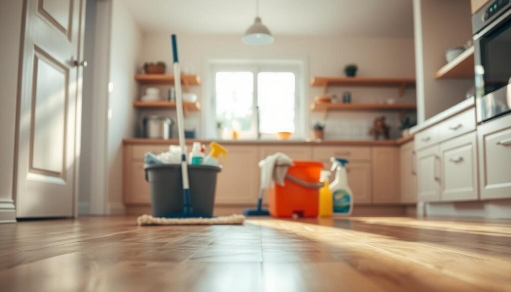 A well-lit kitchen interior with a hardwood or tile floor in the foreground. In the middle ground, a mop, bucket, and various cleaning supplies are neatly arranged, conveying a sense of organized floor maintenance. The background shows a window with sunlight streaming in, creating a bright and airy atmosphere. The floor is clean and polished, reflecting the light and giving a sense of a freshly maintained surface. The overall mood is one of cleanliness, efficiency, and attention to detail, highlighting the best practices for floor cleaning and long-lasting shine.