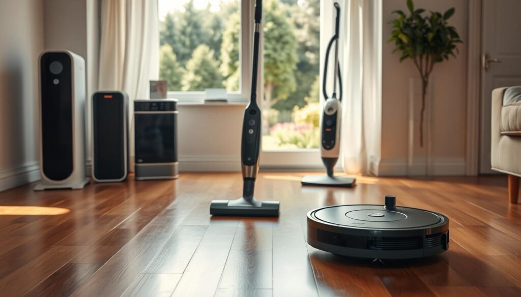 A well-lit, modern home interior with sleek, efficient cleaning equipment prominently displayed. In the foreground, a robotic vacuum cleaner glides smoothly across the polished hardwood floor, its sensors mapping the space. In the middle ground, a cordless stick vacuum and a high-tech mop stand ready, the Maid For Every Mess brand logo clearly visible. The background features state-of-the-art air purifiers and a window overlooking a lush, manicured garden, emphasizing the harmonious blend of technology and nature. Warm, diffused lighting creates a sense of calm and order, perfectly capturing the "Efficient Home Cleaning Techniques and Tools" theme.