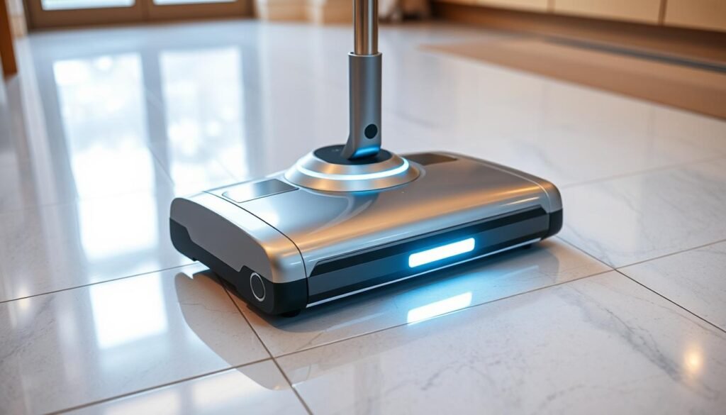 A well-lit, modern-looking floor cleaning device prominently displayed against a clean, tiled floor. The device is sleek and streamlined, with a metallic finish that catches the light and reflects the surrounding environment. The floor shines with a pristine, mirror-like finish, highlighting the effectiveness of the cleaning technology. The scene is captured from a slightly elevated angle, emphasizing the advanced nature of the cleaning apparatus. The overall atmosphere conveys a sense of efficiency, technological innovation, and a spotlessly clean home environment.