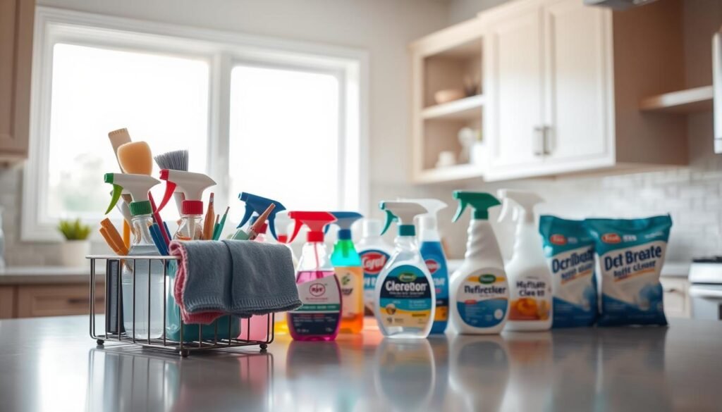 A well-lit, spacious kitchen counter displays an organized array of cleaning supplies. In the foreground, a caddy holds various spray bottles, scrubbing brushes, and microfiber cloths. The middle ground showcases an array of cleaning products, including all-purpose cleaner, glass cleaner, and disinfectant wipes, neatly arranged in a row. In the background, a window allows natural light to filter in, creating a warm, inviting atmosphere. The scene conveys a sense of efficiency and preparedness, ready to tackle the move-in cleaning tasks ahead.