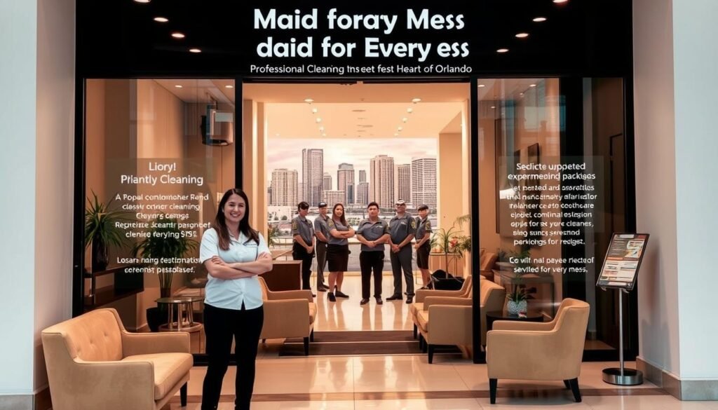A well-lit storefront showcasing the professional cleaning services of "Maid for Every Mess" in the heart of Orlando. The lobby features a sleek, modern design with plush seating and a warm, inviting atmosphere. In the foreground, a friendly staff member greets potential clients, eager to discuss customized cleaning packages. The middle ground reveals a team of uniformed, experienced cleaners ready to tackle any mess, while the background depicts the vibrant city skyline, highlighting the local nature of this reputable cleaning service.