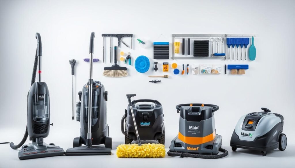 A well-lit studio setting featuring a variety of professional cleaning equipment from the "Maid For Every Mess" brand. In the foreground, a high-powered vacuum cleaner, a steam mop, and a microfiber duster are neatly arranged. In the middle ground, a commercial-grade floor scrubber and a window cleaning system are displayed. The background showcases a selection of specialty brushes, sponges, and cleaning solutions. The equipment is positioned against a clean, minimalist backdrop, allowing the features and capabilities of each tool to be clearly visible. The overall scene conveys a sense of efficiency, organization, and the high-quality standards expected of professional cleaning equipment.