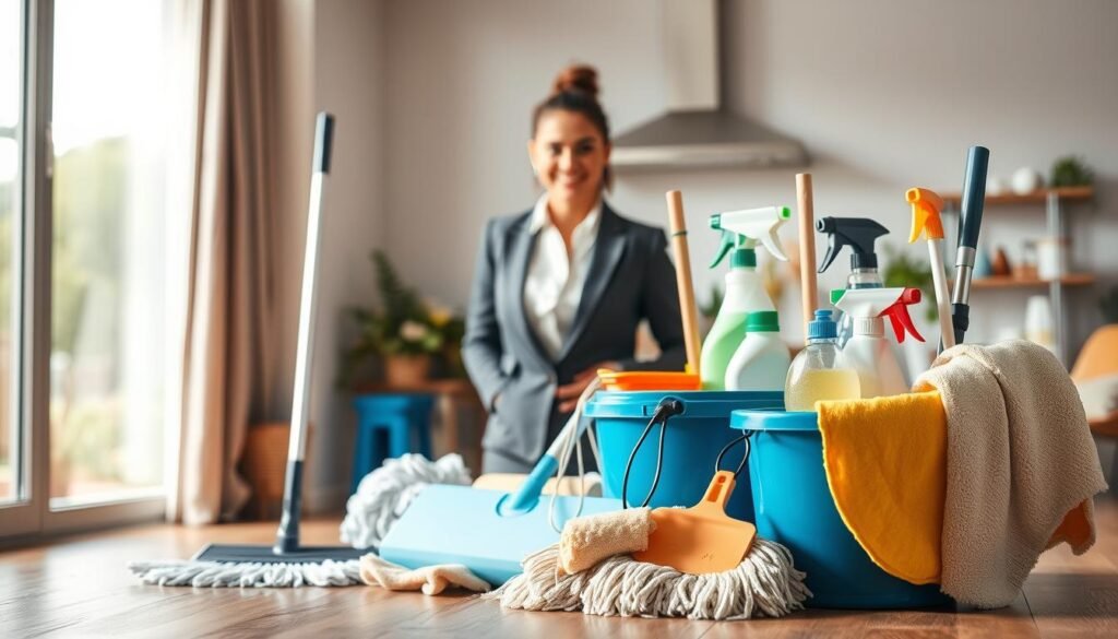 A well-organized and meticulously detailed cleaning service package, neatly arranged and presented in a warm, inviting manner. In the foreground, an array of cleaning supplies - mops, buckets, eco-friendly products - bundled together, conveying the comprehensive nature of the offering. In the middle ground, a smartly-dressed cleaning professional, exuding professionalism and reliability. The background features a serene, sun-dappled domestic scene, suggesting the tranquil, spotless environments the service can create. Soft, diffused lighting casts a gentle glow, creating an atmosphere of efficiency and care. Captured with a wide-angle lens to showcase the full scope of the bundled services, this image embodies the idea of maximizing value through a tailored, all-inclusive cleaning solution.