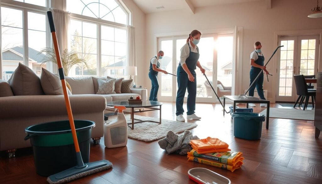A well-organized deep cleaning service, with a team of professionals equipped with high-quality cleaning supplies, meticulously scrubbing and disinfecting every nook and cranny of a bright, airy living room. Sunlight streams through large windows, casting a warm glow on the hardwood floors and pristine furniture. In the foreground, a mop, bucket, and cleaning rags are neatly arranged, while in the middle ground, two cleaners in uniforms and masks are diligently wiping down surfaces. The background showcases a tranquil, suburban neighborhood, emphasizing the sense of a thorough, yet safe and comfortable deep cleaning experience.