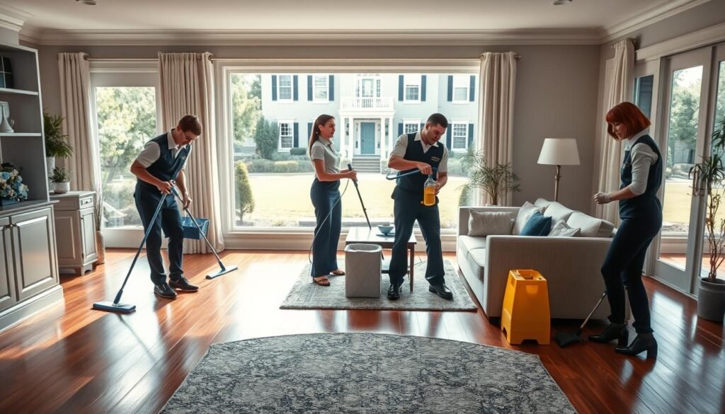 A well-organized, professional cleaning service is featured in this image. In the foreground, a team of cleaners in smart uniforms efficiently scrub and disinfect surfaces with high-quality cleaning tools and supplies. In the middle ground, the pristine interior of a residential home comes into focus, with gleaming hardwood floors, spotless windows, and neatly arranged furniture. The background captures the exterior of the building, a stately house with a well-manicured lawn and tasteful landscaping, conveying a sense of pride and attention to detail. Soft, natural lighting filters through the windows, creating a warm, inviting atmosphere. The overall scene evokes a feeling of order, cleanliness, and the peace of mind that comes with regular professional cleaning services.