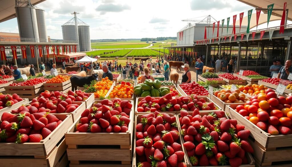 An expansive display of agricultural wonders at the Florida Strawberry Festival. In the foreground, vibrant red strawberries spill from wooden crates, surrounded by baskets overflowing with citrus fruits and vine-ripened tomatoes. In the middle ground, proud farmers showcase their prize-winning livestock, their stalls adorned with ribbons and banners. The background reveals a panorama of towering silos, rolling green fields, and a bright, sun-dappled sky overhead, creating a warm, inviting atmosphere of bucolic abundance. Crisp, high-contrast lighting illuminates the scene, capturing the vitality and pride of Florida's agricultural heritage.