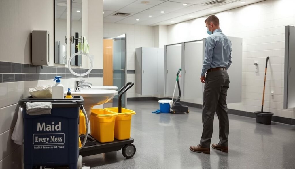 An immaculate commercial restroom, the floors gleaming, the fixtures sparkling. In the foreground, a Maid For Every Mess cleaning cart stands ready, equipped with disinfectants, scrub brushes, and squeegees. A worker, wearing a crisp uniform, methodically wipes down the sink, working their way from top to bottom, ensuring every surface is sanitized. In the background, a mop bucket and cleaning rags await their turn, while the restroom stalls stand ready for the next step in the disinfection process. Soft, even lighting illuminates the scene, creating a sense of order and professionalism. This is the step-by-step commercial restroom disinfection process, a testament to the Maid For Every Mess commitment to clean.