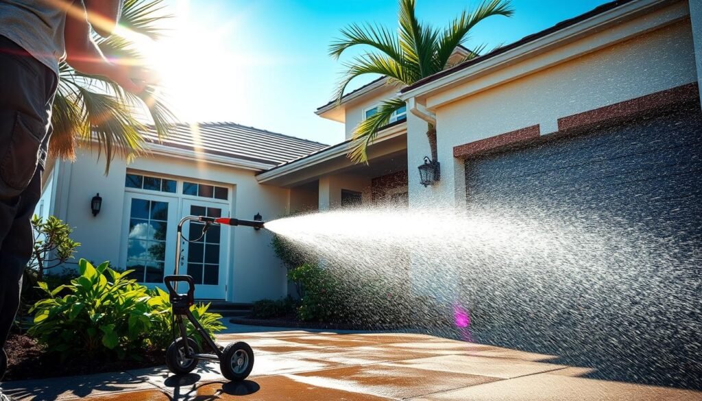 Generate an image of a pressure washer cleaning the exterior of a house in Orlando